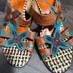 Spring Step Durrow Woven Leather‎ Heeled Sandals Floral Boho Size 37